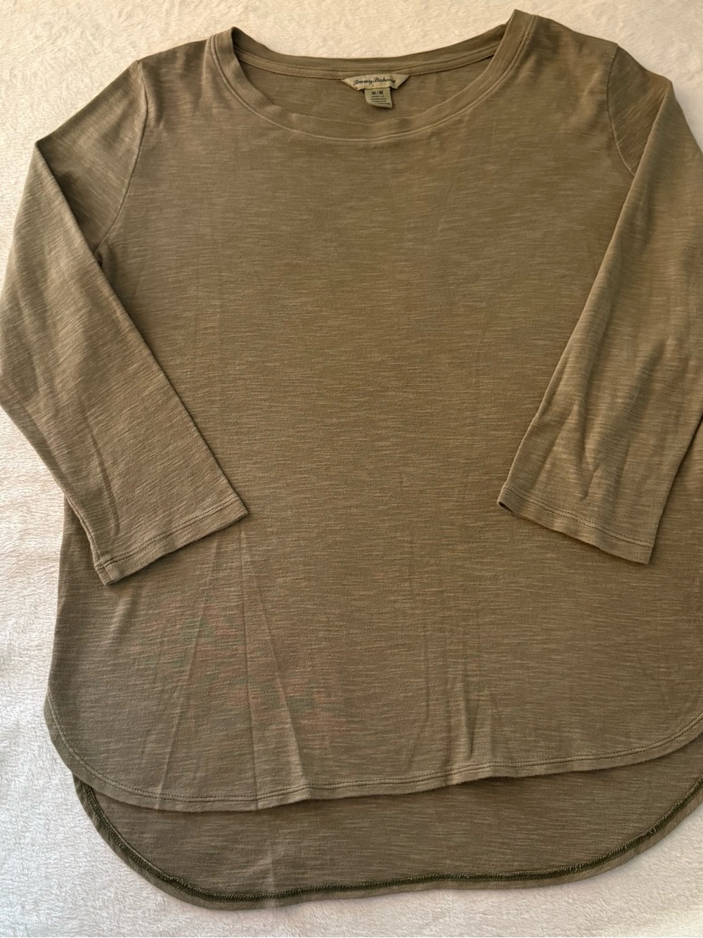 Tommy Bahama Women M Taupe 100% Cotton 3/4 Sleeve High Low Hem Casual Top